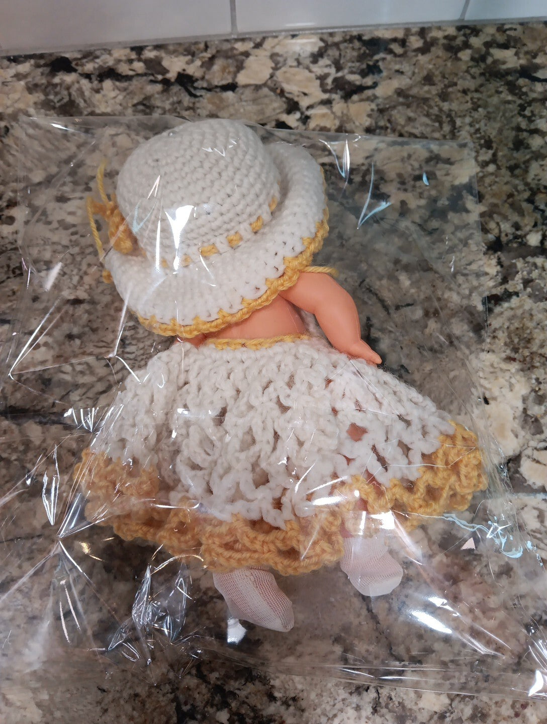 Vintage Hong Kong Brunette Doll Crochet Dress w Hat White And Yellow VTG