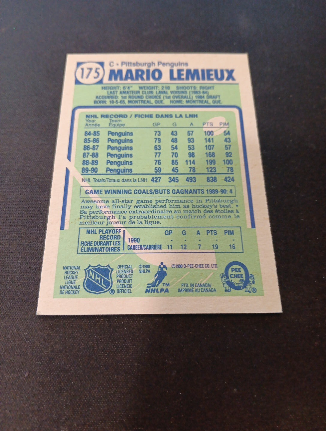 Mario Lemieux 1990-91 O Pee Chee ๐กโซ๐ก #175 Pittsburgh Penguins