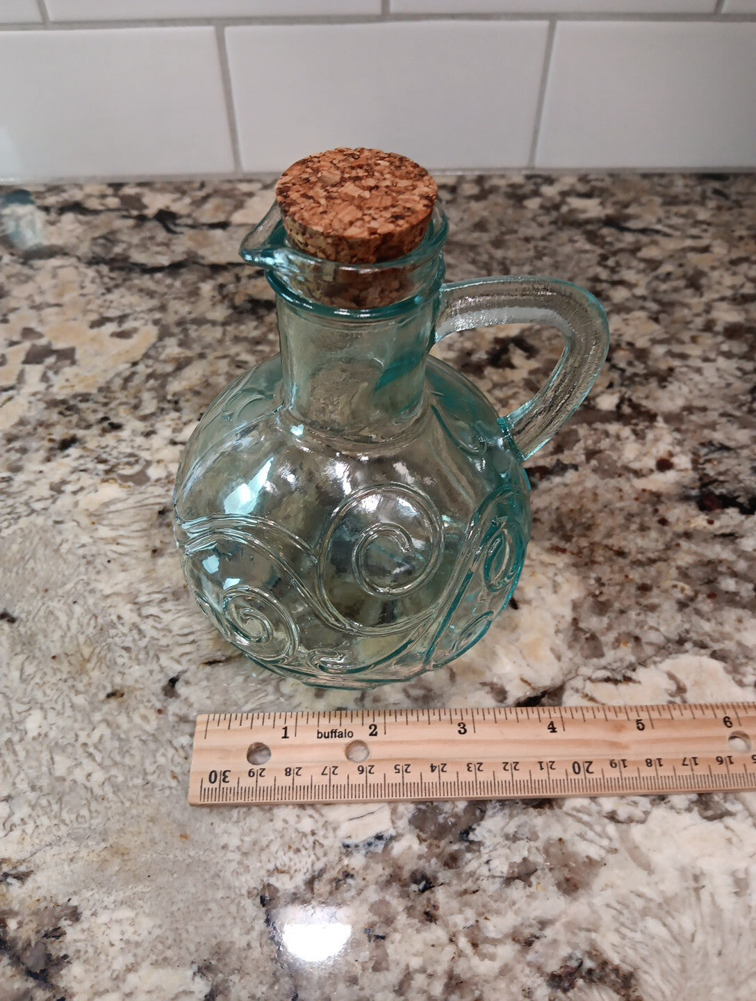 Blue Glass Small Pitcher Jug with Cork Stopper Swirl Pattern X