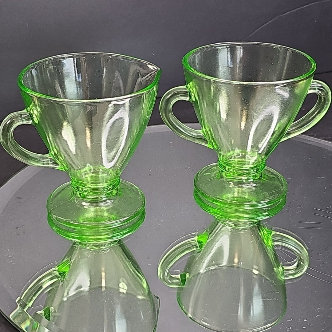 Uranium Glass Depression Glass Geiger UV Tested Sugar And Milk Cups Gorgeous!