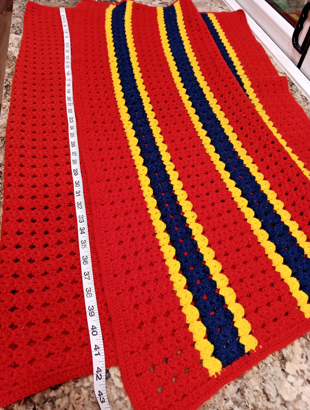 Vintage Red Blue Yellow Handmade Open Knit Crochet Afghan Throw Blanket 42 x 62