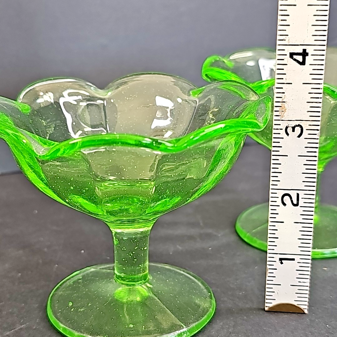 Uranium Depression Glass Green Glowing Sherbet Cup 2pcs Geiger Test Wow Bubbles!