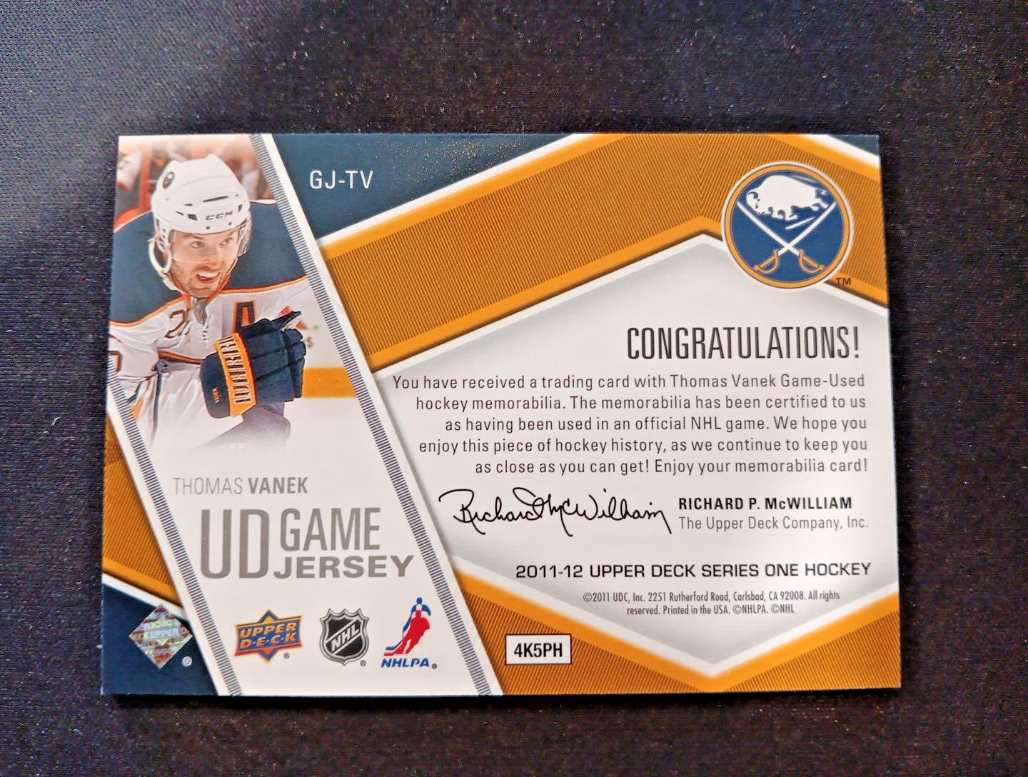 2011-12 Upper Deck UD Game Jersey Thomas Vanek #GJ-TV Buffalo Sabres