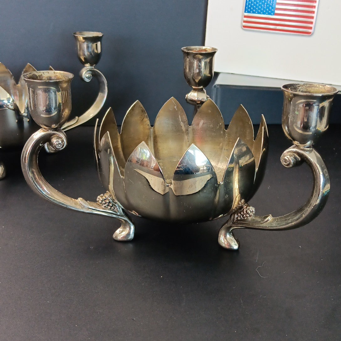 Pair Of Silver Plated Candelabras Lotus Flower Candle Holders. Read. No Candles
