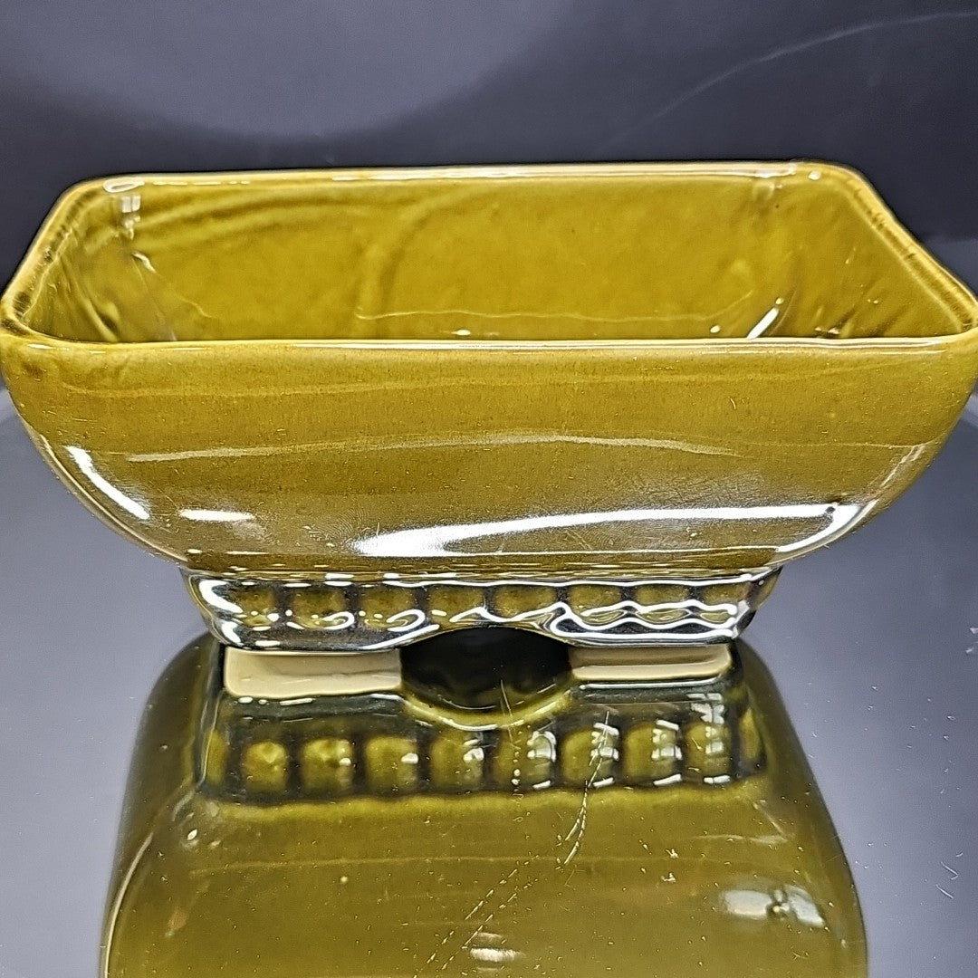 Vintage 404 6 USA Avocado Olive Green Rectangle Footed Pottery Planter