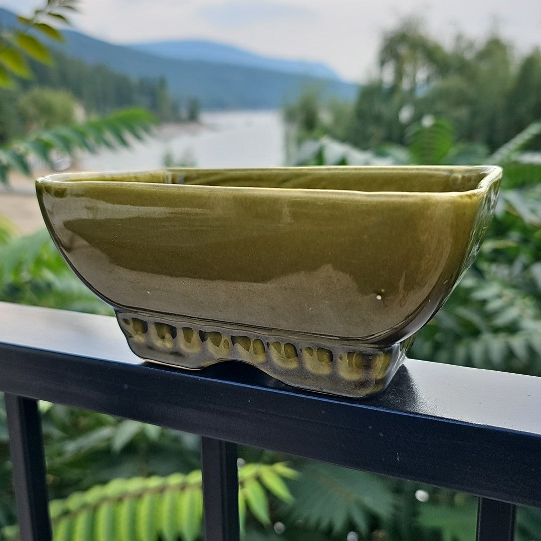 Vintage 404 6 USA Avocado Olive Green Rectangle Footed Pottery Planter