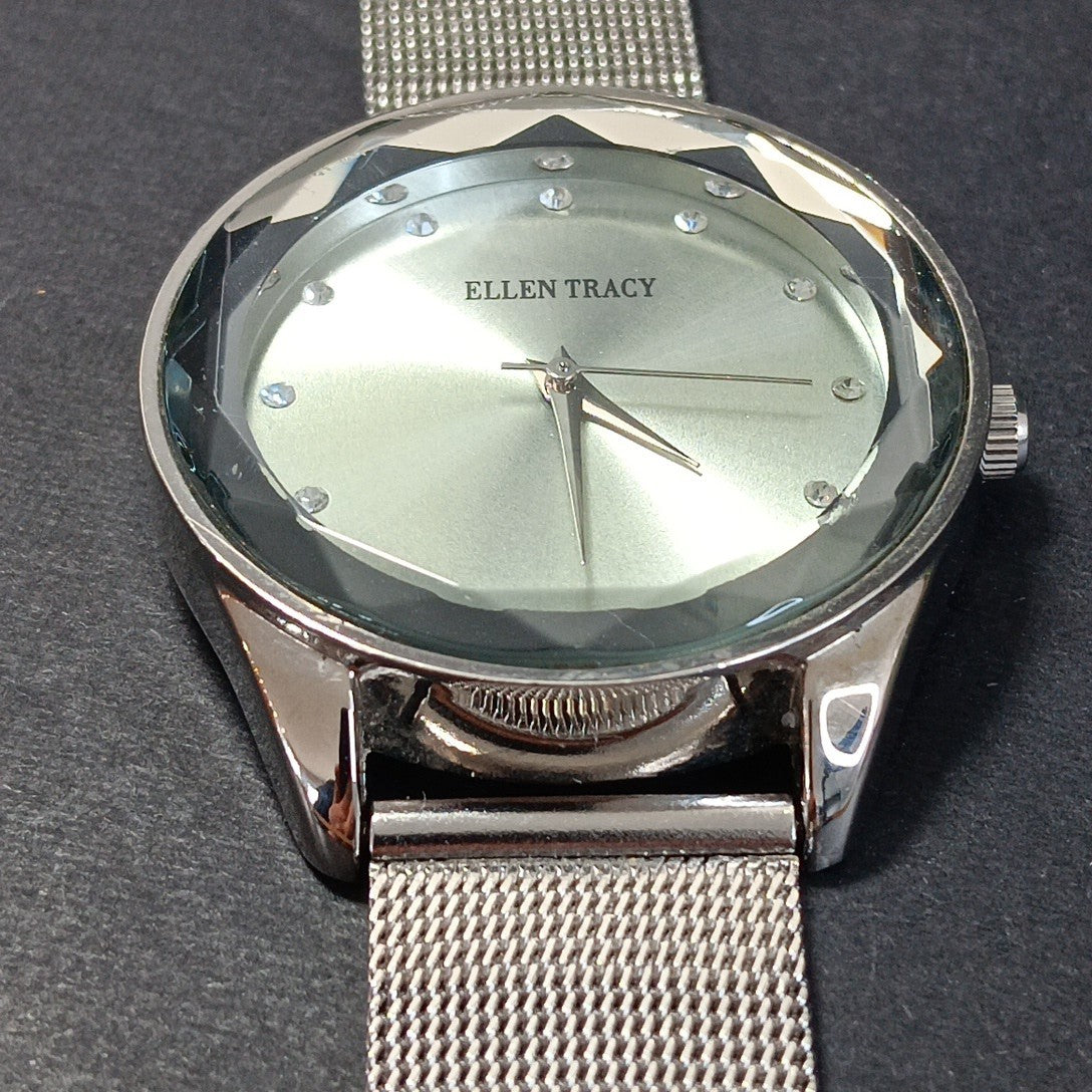 Ellen Tracy Silver Watch With Metal Band Rhinestones 34mm Face Good Condition