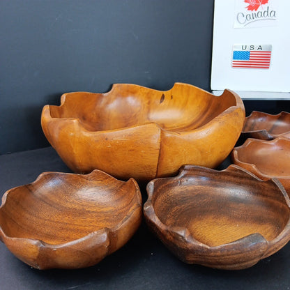 Vintage Monkey Pod Philippines Wood Salad Bowl Set ~ 5 Piece Flower Shaped