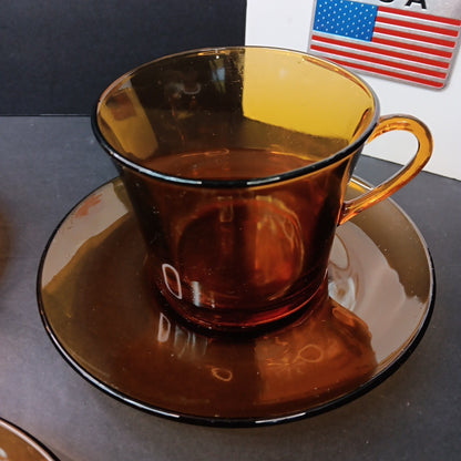 1970’s 3 Sets Duralex France Amber Glass Cups & Saucers Very Good Condition FR