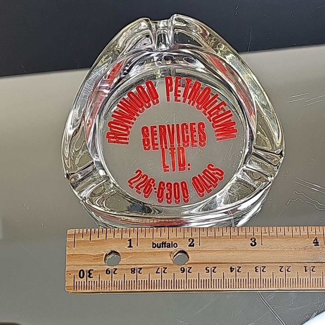 Vintage 1980s Advertising Glass Ashtray Ronwood Petroleum Services Oil Gas CA