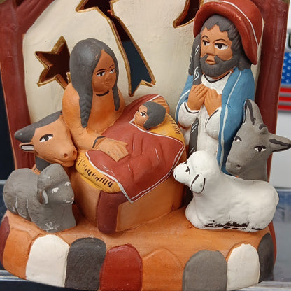 Peruvian Redware Terracotta Folk Art Christmas Nativity Scene Tea Light Holder