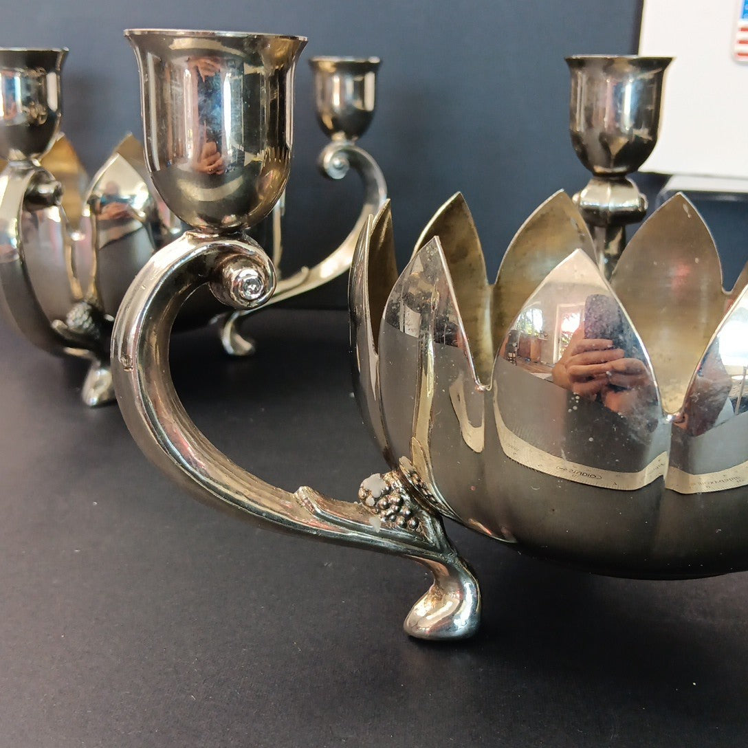 Pair Of Silver Plated Candelabras Lotus Flower Candle Holders. Read. No Candles