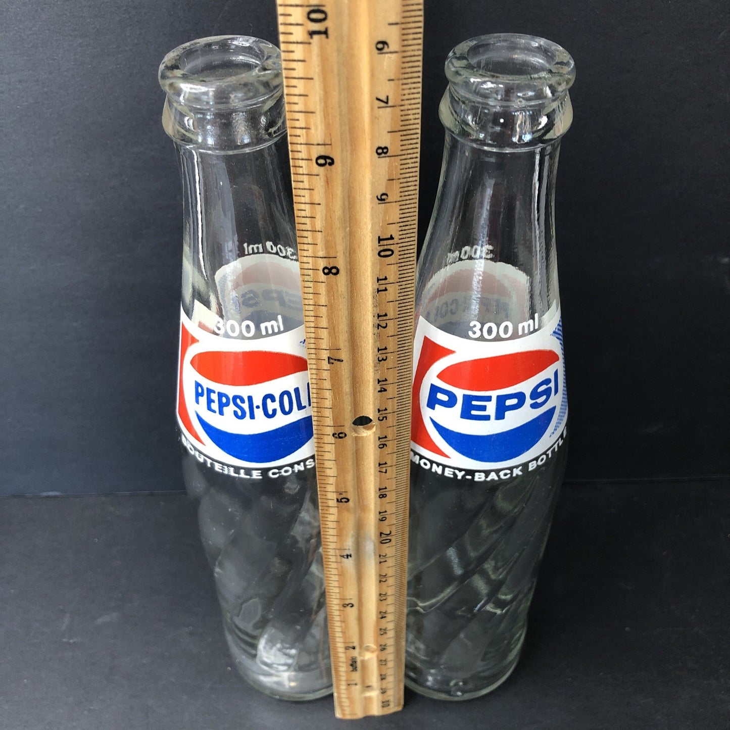 Vintage X2 Pepsi - Cola Glass Bottles 300ml  Money Back Swirl Pattern No Caps CA