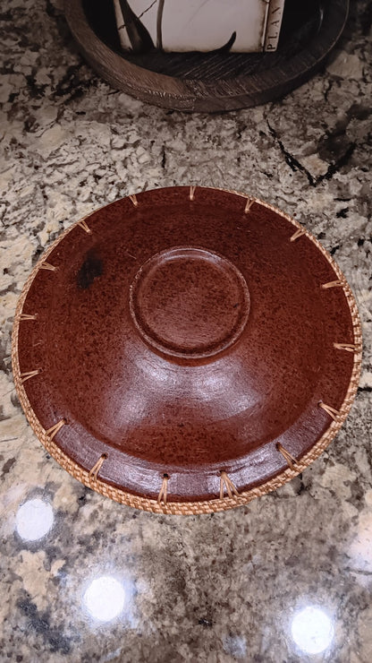 Redware Pottery Bowl With Turtle Design And Basket Weave Trim Handmade X