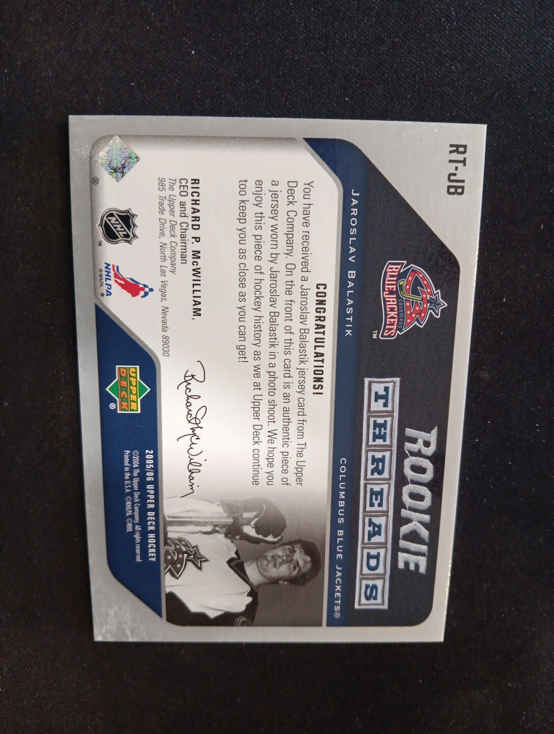 2005-06 Upper Deck Threads Jaroslav Balastik Rookie Jersey #RT-JB Columbus Blue