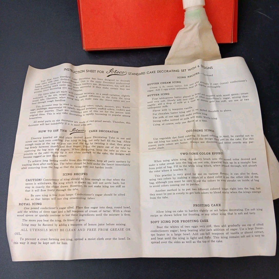 Ateco Pastry Decorating Set 334 c w/ Bag & 6 Metal Icing Tips Tubes Nozzles Vtg