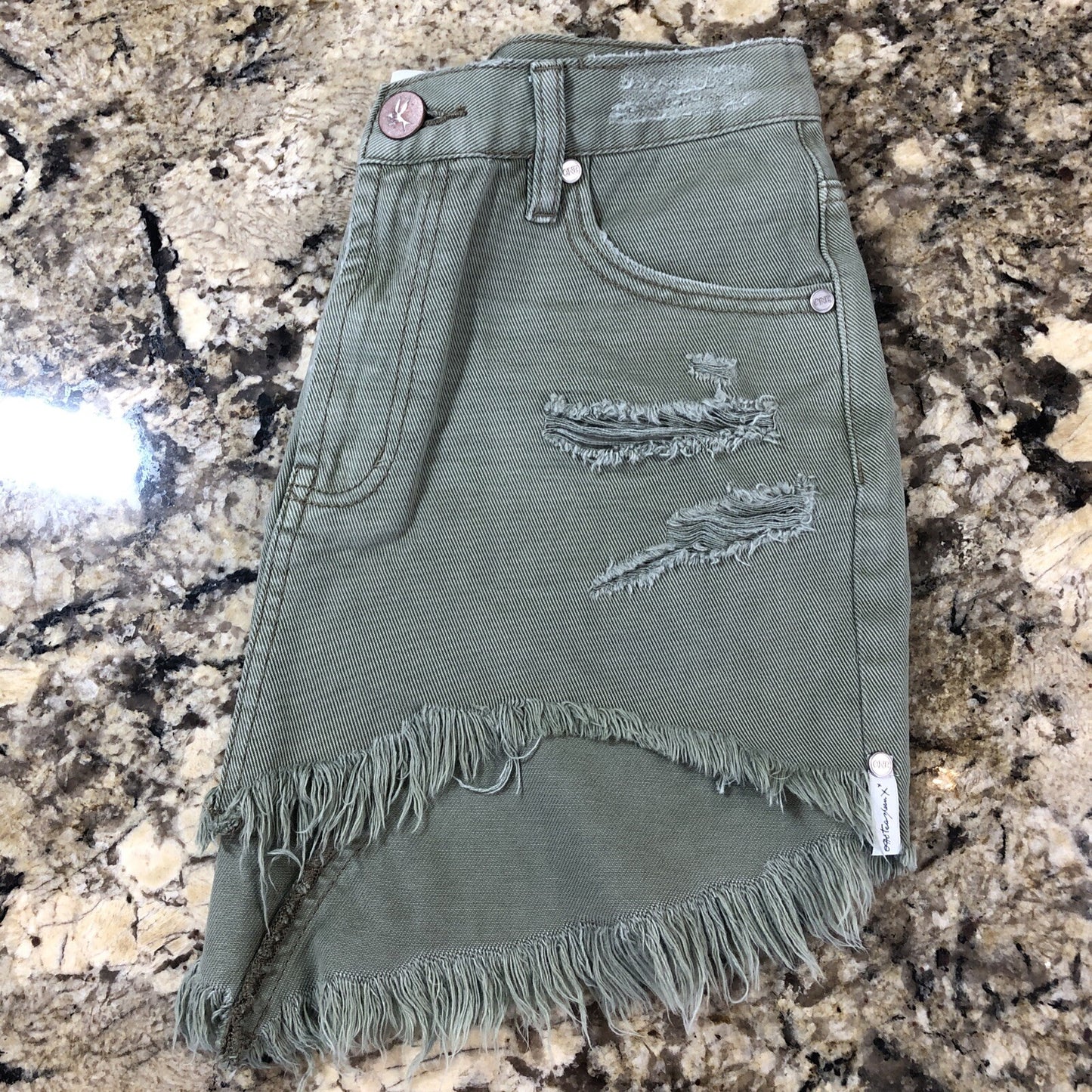 Size 26 One Teaspoon Womens Jean Skirt Olive Green Rips Fringe Grunge CN