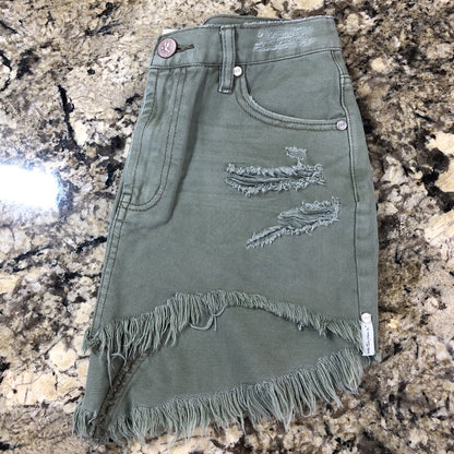 Size 26 One Teaspoon Womens Jean Skirt Olive Green Rips Fringe Grunge CN