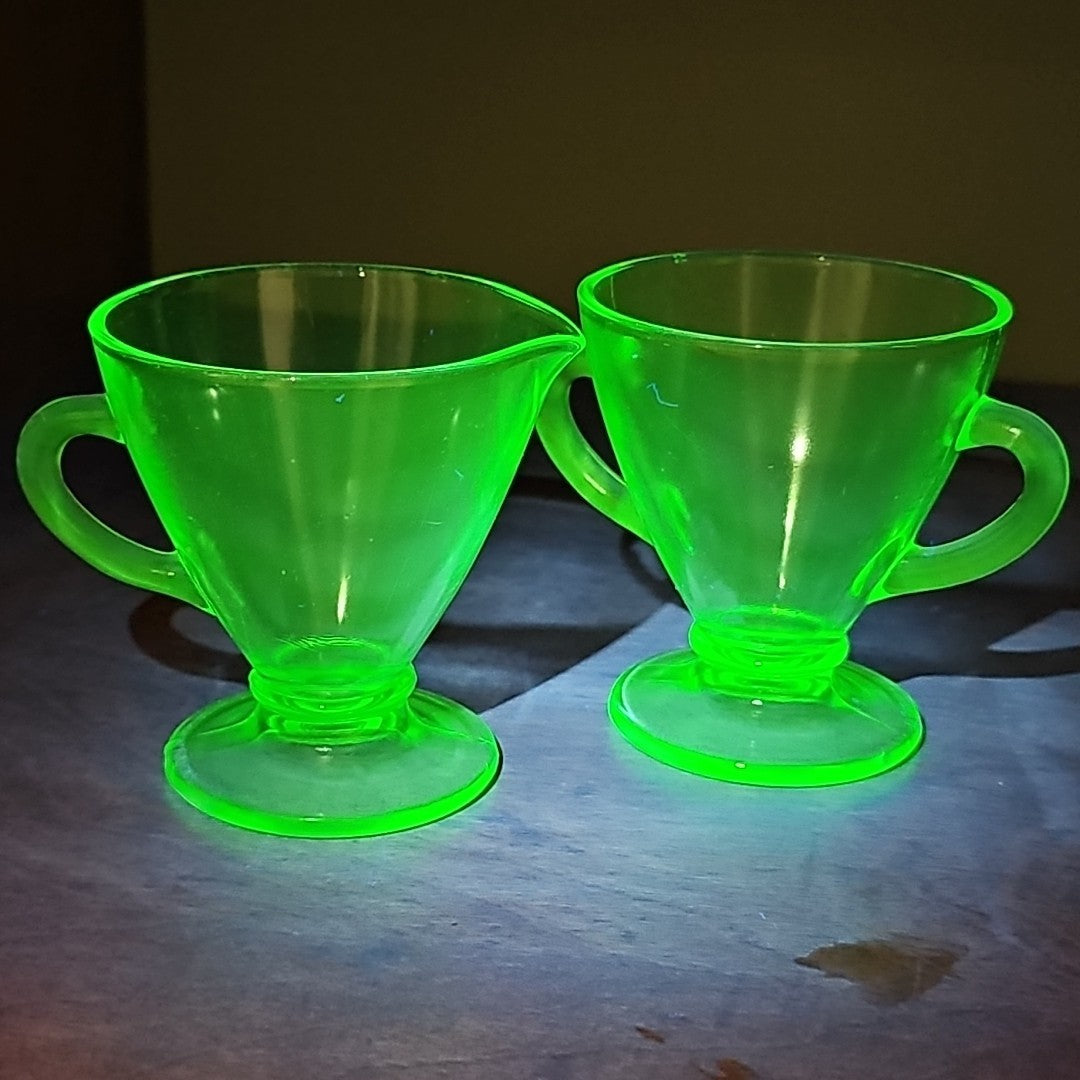 Uranium Glass Depression Glass Geiger UV Tested Sugar And Milk Cups Gorgeous!