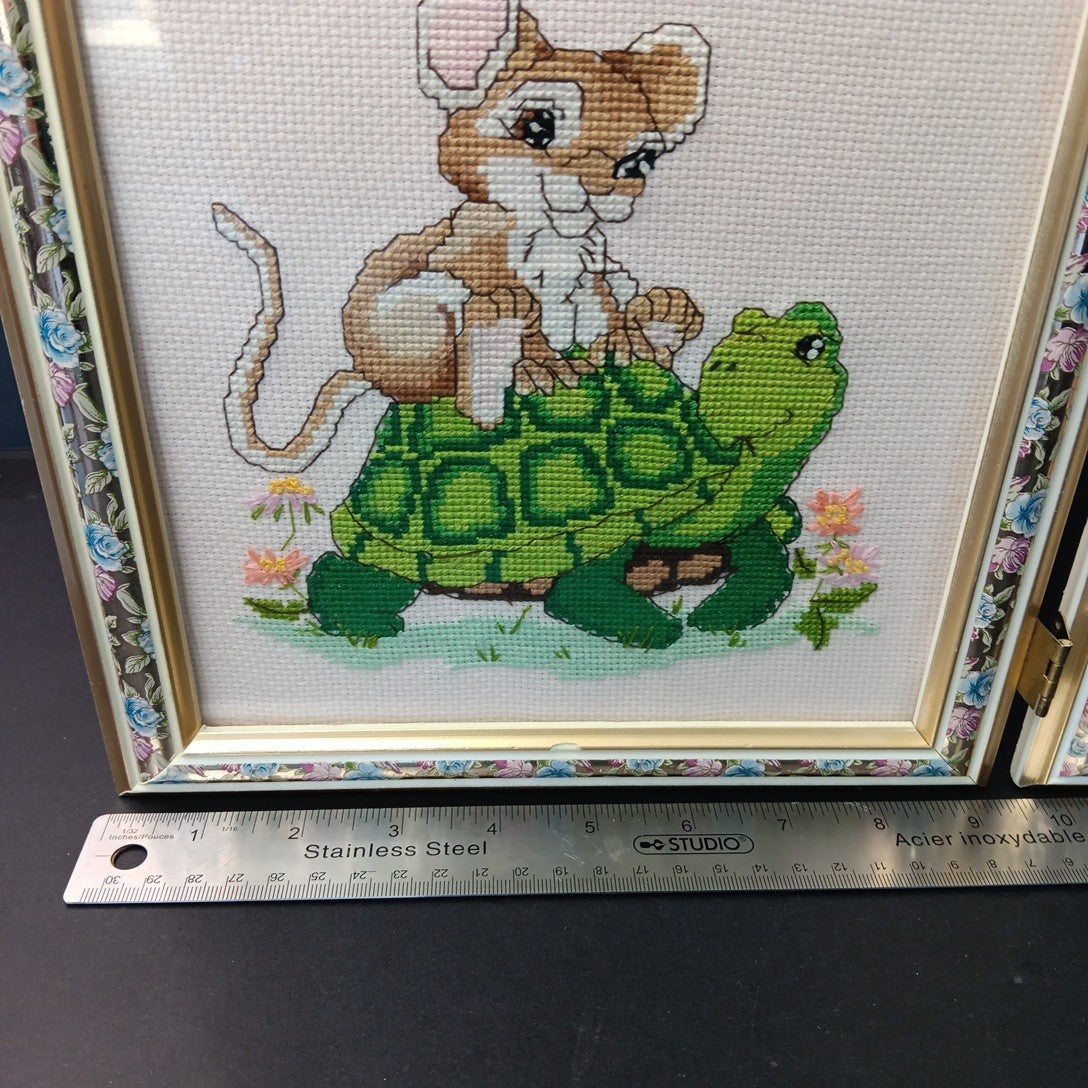 Needlepoint Finished In Frame Desk Decor Gorgeous! Turtle Rabbit Mouse Canada