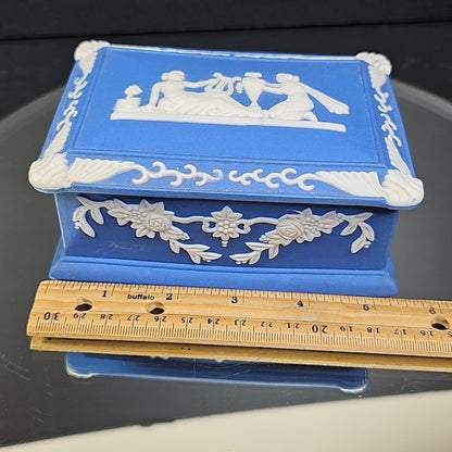 Vintage Ceramic Jewelry Trinket Box Made In Occupied Japan Blue White Art Deco