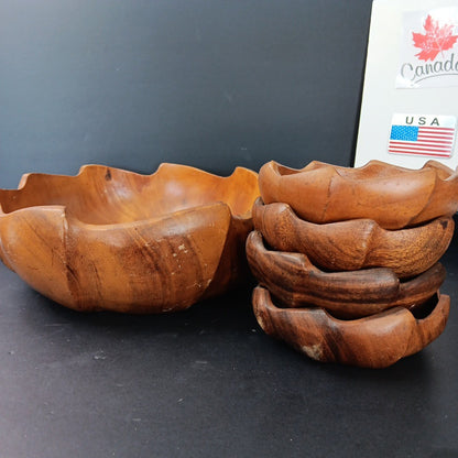 Vintage Monkey Pod Philippines Wood Salad Bowl Set ~ 5 Piece Flower Shaped