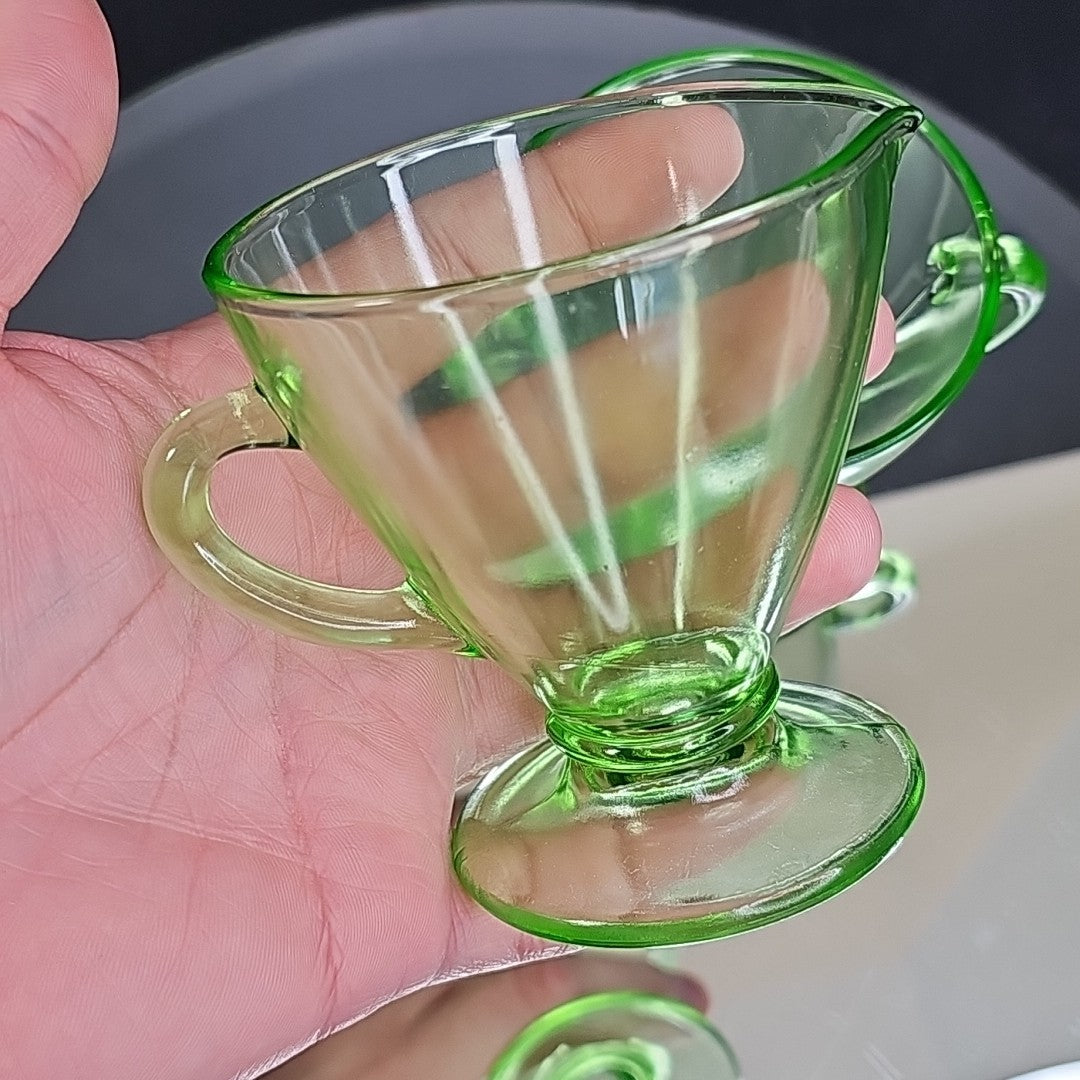 Uranium Glass Depression Glass Geiger UV Tested Sugar And Milk Cups Gorgeous!