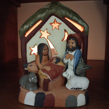 Peruvian Redware Terracotta Folk Art Christmas Nativity Scene Tea Light Holder