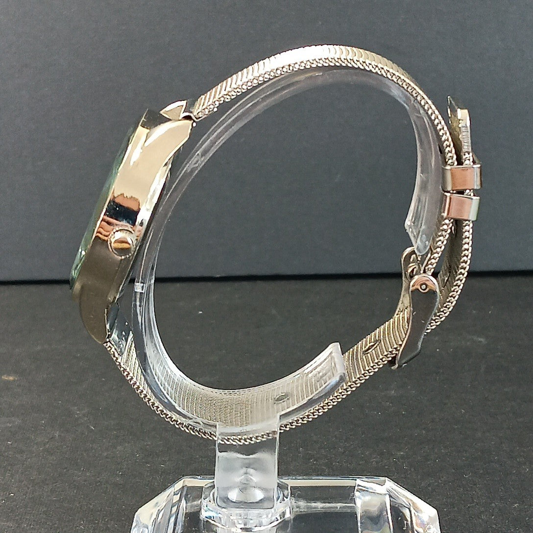 Ellen Tracy Silver Watch With Metal Band Rhinestones 34mm Face Good Condition