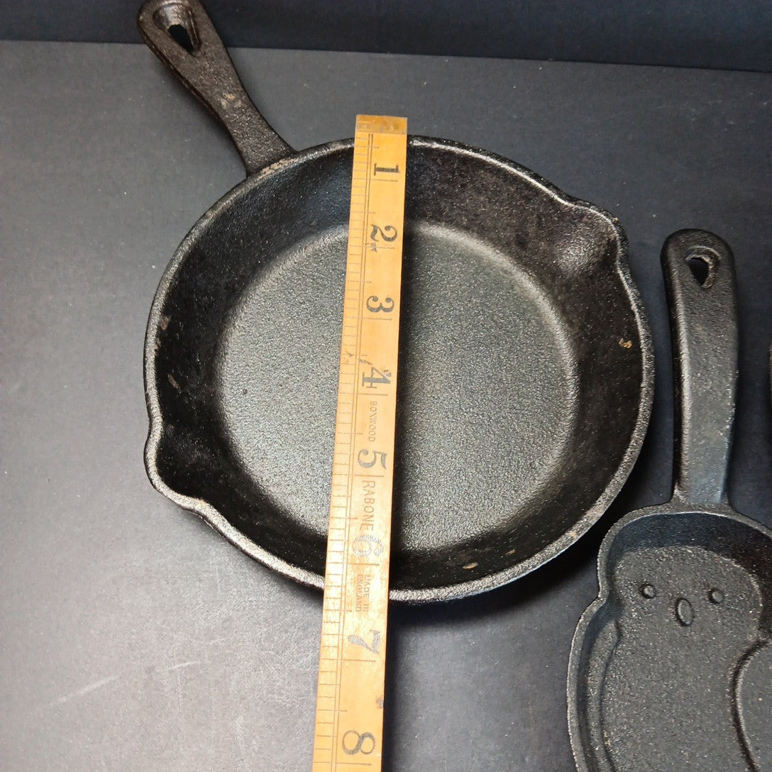 3 X Small Cast Iron Pans For Camping RV Travel Eggs Etc. Owl See Photos