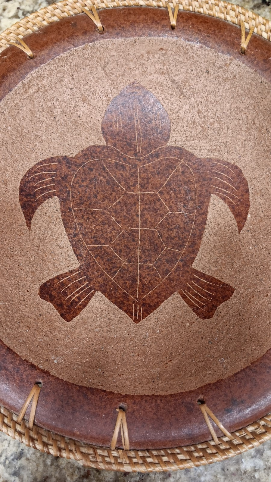 Redware Pottery Bowl With Turtle Design And Basket Weave Trim Handmade X