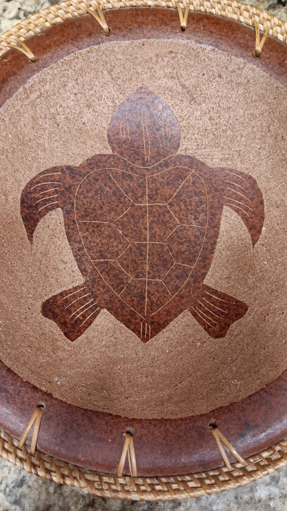 Redware Pottery Bowl With Turtle Design And Basket Weave Trim Handmade X