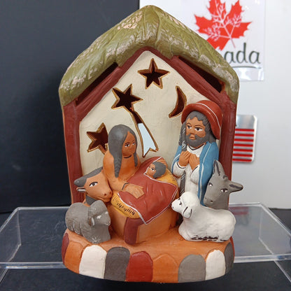 Peruvian Redware Terracotta Folk Art Christmas Nativity Scene Tea Light Holder