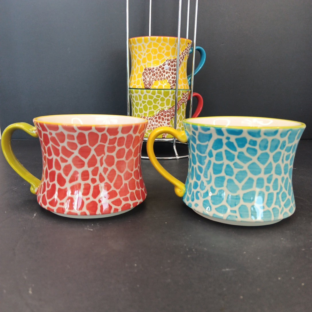 Pier 1 Imports Giraffe Stackable Coffee Tea Mugs Cups Set of 4 Has Crazing CN