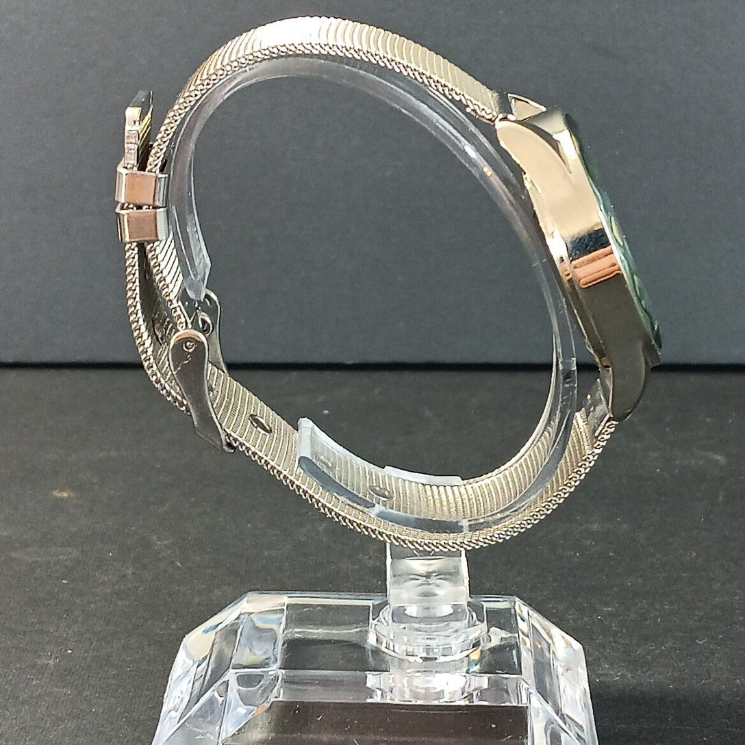 Ellen Tracy Silver Watch With Metal Band Rhinestones 34mm Face Good Condition