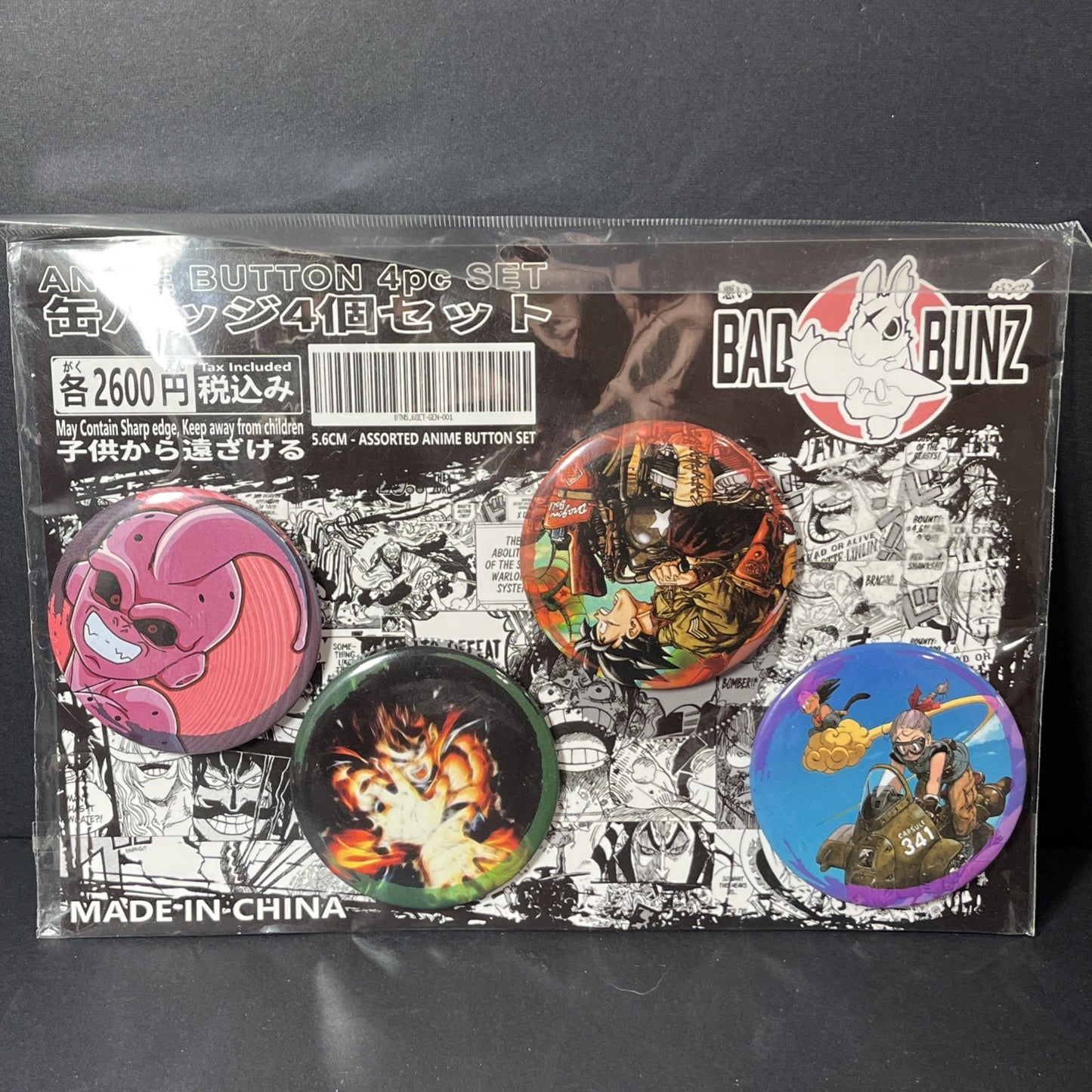 Anime Button 4pc Set Bad Bunz 5.6cm Assorted Characters NEW Sealed Package CN