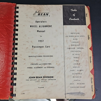 1957 JOHN BEAN OPERATORS WHEEL ALIGNMENT MANUAL PASSENGER CARS