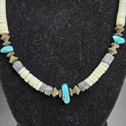 Vintage Authentic Southwest Graduated Puka Shell Necklace With Turquoise Stones
