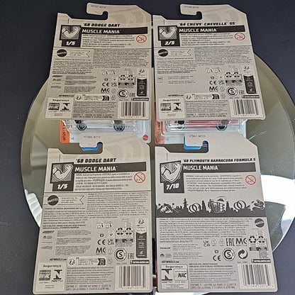 Four Hot Wheels Diecast Muscle Mania Cars Dodge Dart Chevy Chevelle Barracuda