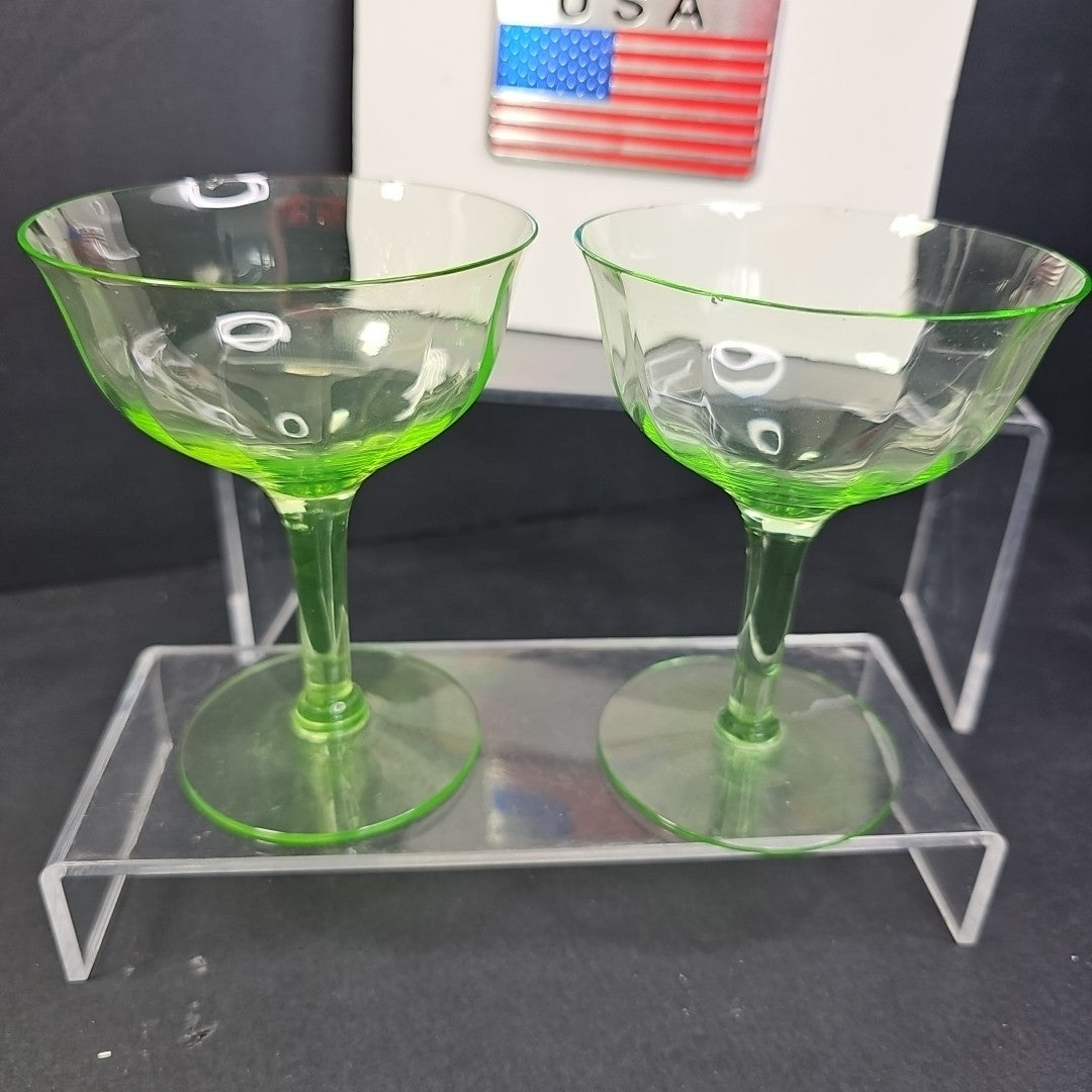 Vintage Uranium Glass Stemmed Wine Goblets  Set of 2 Glows Under 395 365