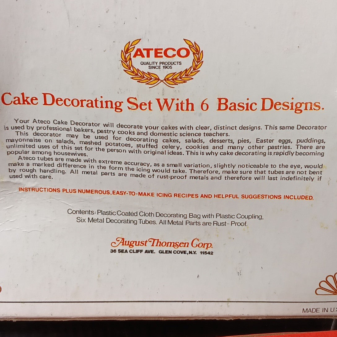 Ateco Pastry Decorating Set 334 c w/ Bag & 6 Metal Icing Tips Tubes Nozzles Vtg