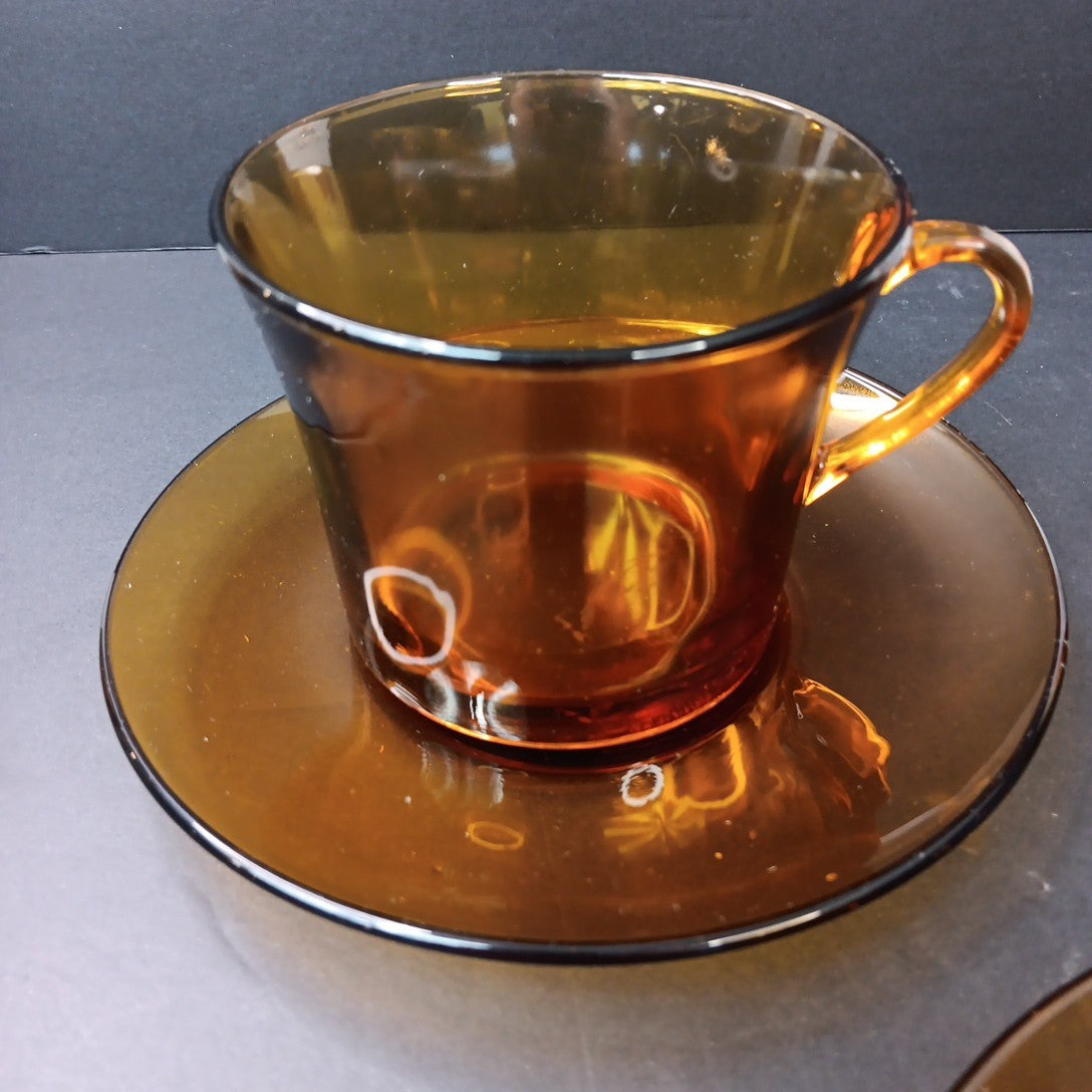 1970’s 3 Sets Duralex France Amber Glass Cups & Saucers Very Good Condition FR