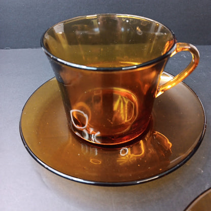 1970’s 3 Sets Duralex France Amber Glass Cups & Saucers Very Good Condition FR
