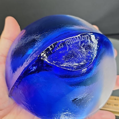 Mats Jonasson Hand Blown Glass Cobalt Blue White Dish Bowl Signed Nautical Ship