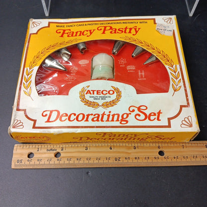 Ateco Pastry Decorating Set 334 c w/ Bag & 6 Metal Icing Tips Tubes Nozzles Vtg