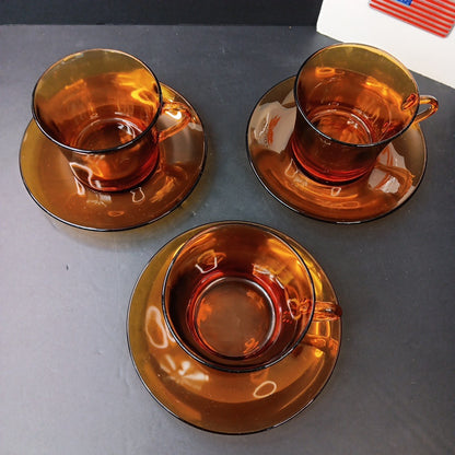 1970’s 3 Sets Duralex France Amber Glass Cups & Saucers Very Good Condition FR
