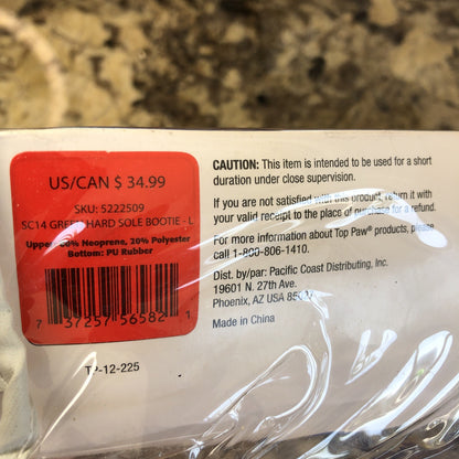 Size Large Top Paw Hard Sole Booties Non-skid Sole Adjustable Strap Zip Up CN