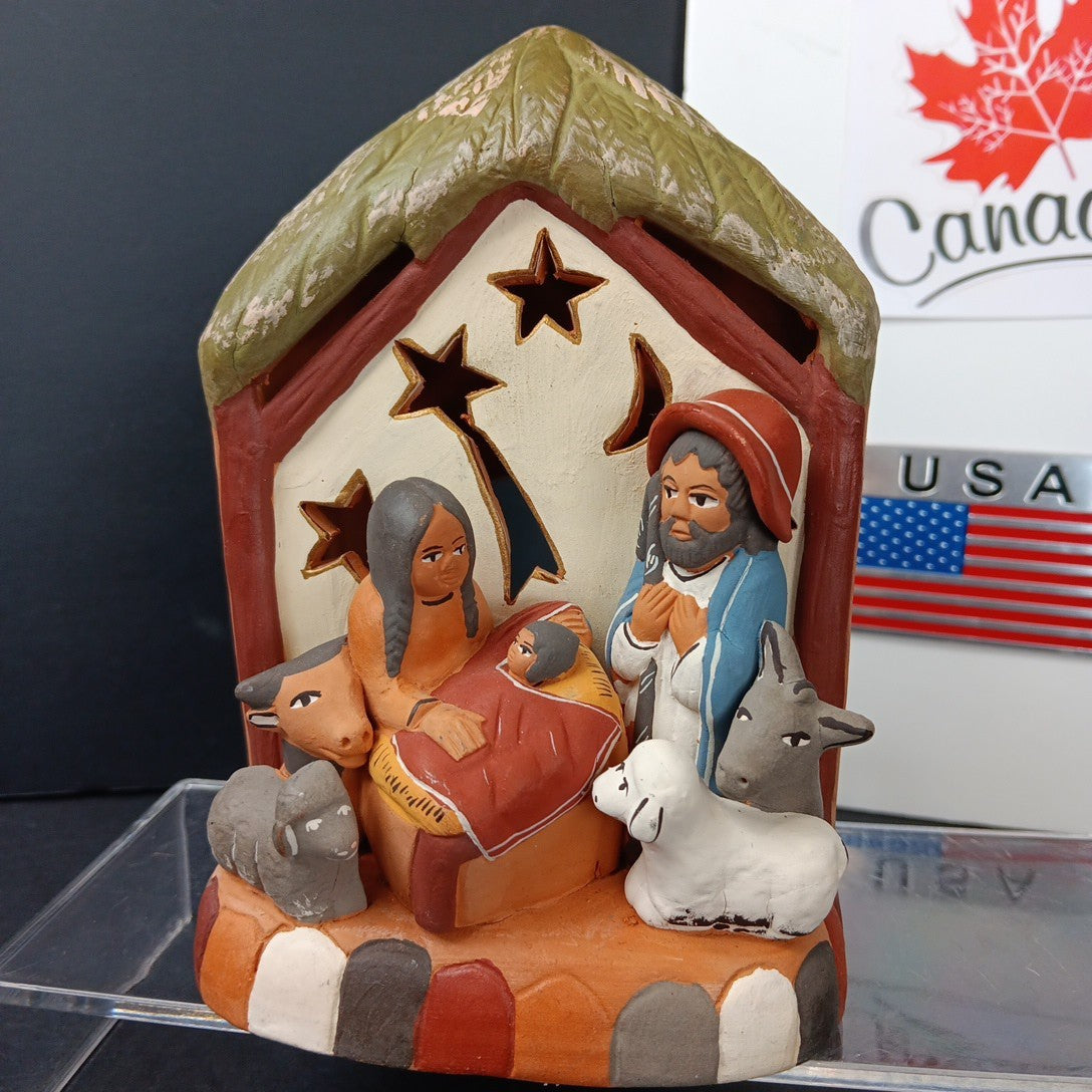 Peruvian Redware Terracotta Folk Art Christmas Nativity Scene Tea Light Holder