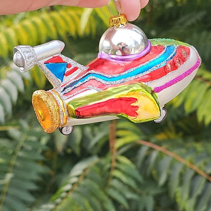 Glass Airplane Space Ship Christmas Ornament Rare Collectable 5.5 Inch
