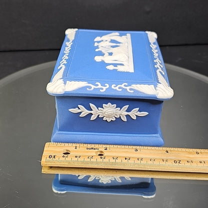 Vintage Ceramic Jewelry Trinket Box Made In Occupied Japan Blue White Art Deco
